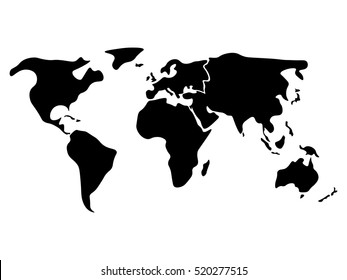 World map divided to six continents in black - North America, South America, Africa, Europe, Asia and Australia Oceania. Simplified silhouette blank vector map without labels.