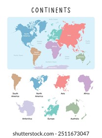 Mapa mundial y su división en continentes con colores suaves. Conveniente para el diseño del Sitio web, fondo, educación, personalizable, viajes alrededor del mundo, fondo de la silueta del mapa, geografía terrestre