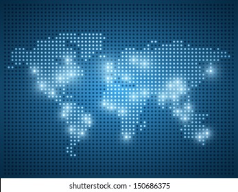 World map dot illustration on blue background.