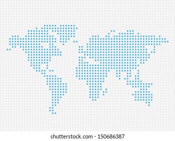 World map dot illustration on white background.