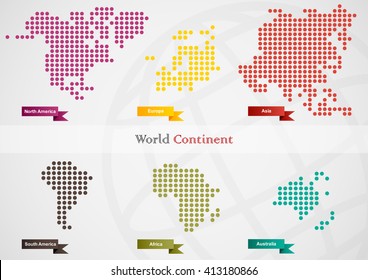 World map in dot style pattern is separated to each continent by color.(EPS10 art vector.)