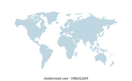 World map dots vector with blue square isolated on white background .