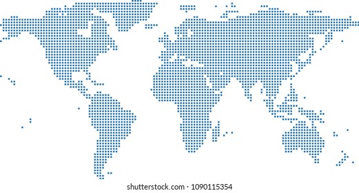 World map dots vector outline blue background. Dotted map of World. Creative pixel art map of World with highly detailed border prepared by a map expert