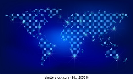 Mapa mundial. Mapa trazado. Mapa de Dots World con focos en fondo azul oscuro.  Red social global. Fondo azul futurista con el planeta Tierra. EPS10