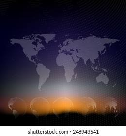 World map with dotted globes. Abstract blurred background, abstract template vector