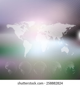 World map with dotted globes. Abstract blurred background, abstract template vector 