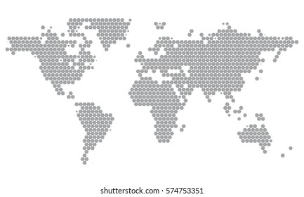 World Map Dotted in Grey Hexagons. Minimal White Grey Clean Look Background for Info Graphics or Apps. Perfect for Wall Art Poster Design. Vector Isolated Illustration.