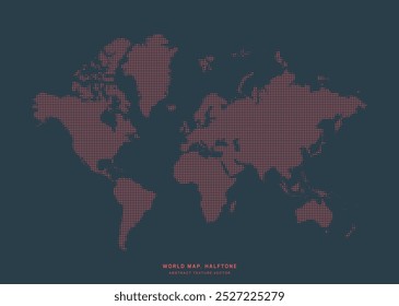 World Map in Dotted Halftone Art Retro Style Red Black Abstract Vector Background. Global Earth Map Isolated Digital Old School Aesthetics Clip Art for Vintage Themed Visuals, Web Design Projects