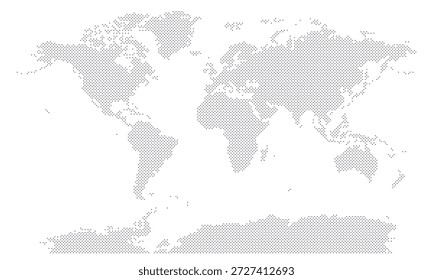 Mapa mundial pontilhada silhueta de meio-tom isolado no fundo branco. Contorno monocromático branco preto de continentes, incluindo a Antártica. Clipart de vetor para design de banner de viagem de volta, notícias de eventos globais.
