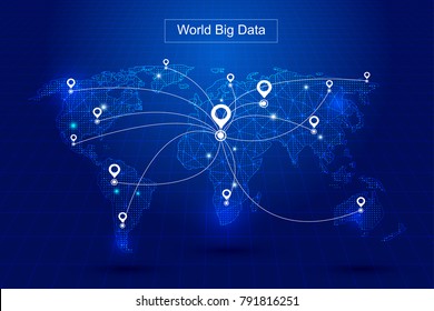 The world map of dotted line links, globalization, internationalization, scientific and technical concepts.