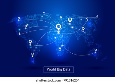 The world map of dotted line links, globalization, internationalization, scientific and technical concepts.