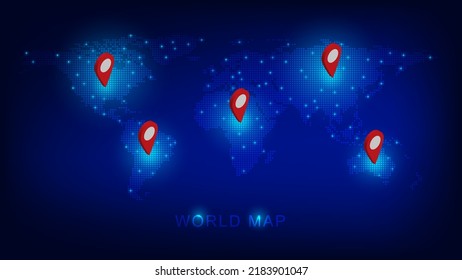 World map dotted neon  glow effect Red pinpoints 3D icon on map, concept design for travel and technology website landing page vector illustration EPS10 isolated on dark blue background.