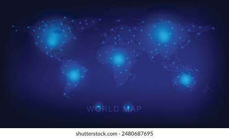 Mapa del mundo punteado neón efecto de resplandor concepto de diseño para viajes y tecnología Sitio web página de aterrizaje Ilustración vectorial EPS10 aislado sobre fondo azul oscuro.