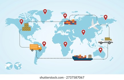 World map with dotted routes connecting continents by sea, air and road transport. Clean infographic for global trade and logistics concepts