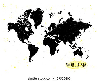 
World map. Drawing by hand with dots and shading. Yellow, black, white.