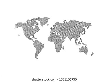 World map drawing with line sketched on white background, Vector illustration 