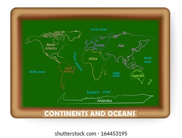  world map drawing on the classroom blackboard.  Geography background