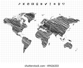 World map drawing, pencil sketch