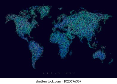World map drawing with tangled green and blue lines on black background