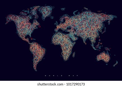 World map drawing with tangled multicolored lines on black background