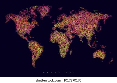 World map drawing with tangled pink and yellow lines on black background