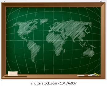 World map drawn by hand on chalkboard