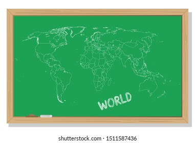 World map drawn in chalk on a green blackboard