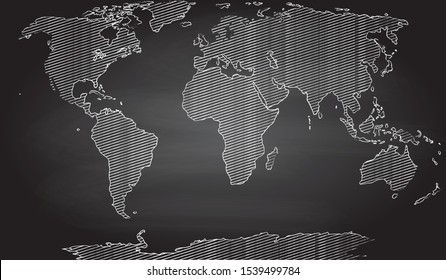 A world map drawn in chalk on a chalkboard vector illustration.  Education geographic background with hatching world map.