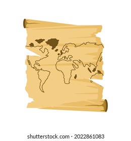 world map drawn on aged paper icon isolated