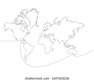 World map drawn in one line. Borders of the continents in vector graphic style. Trend stock image for infographics, presentations, business, delivery, politics and news.