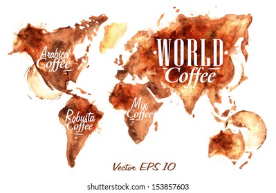 World map of drawn pour coffee with the inscription arabica, robusta, mix with splashes and blots prints cup.