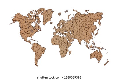 Mapa mundial de tierras secas sobre fondo blanco. Mapa del mundo con continentes de tierra seca