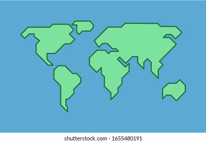 World map. Earth, blue and green colored map template for web site app inphographics. Globe similar worldmap flat silhouette, shape. Travel worldwide backdrop. Vector geometry stylized background