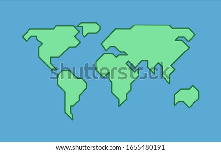 World map. Earth, blue and green colored map template for web site app inphographics. Globe similar worldmap flat silhouette, shape. Travel worldwide backdrop. Vector geometry stylized background