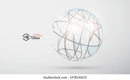 The world map earth composed of particle points and trajectory lines. Abstract vector  technology and global business graphic background.