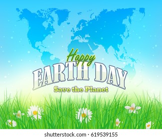 World Map and Earth Day Concept Spring Landscape Illustration