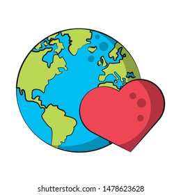 world map earth globe with heart love isolated cartoon vector illustration graphic design