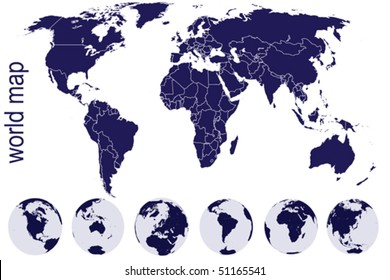 World map with Earth globes