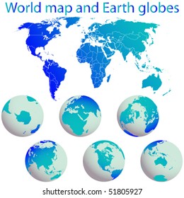 world map and earth globes against white background, abstract vector art illustration