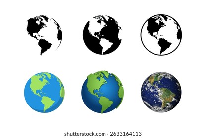 Mapa mundial. Colección de los Globos Terrestres. Globo de la Tierra en diferentes diseños. Mapa del mundo en estilos simples modernos. Mapa de la Tierra, aislado sobre fondo blanco. Icono del Web de los globos. Ilustración vectorial