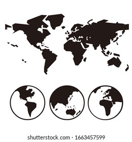 World map with earth globes, vector illustration, World map icon