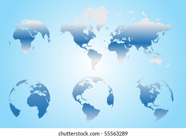 World map with Earth globes in white background