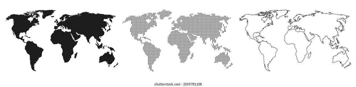 Planeta de la Tierra del Mapa Mundial en contorno, con puntos y estilo de línea, planilla de mapa de la Tierra con continentes - vector de existencias