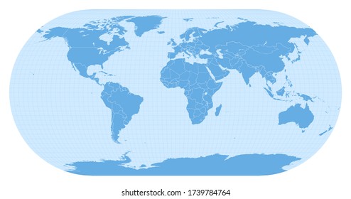 World map in Eckert III projection (EPSG:54013). Detailed vector Earth map with countries’ borders and 5-degree grid.