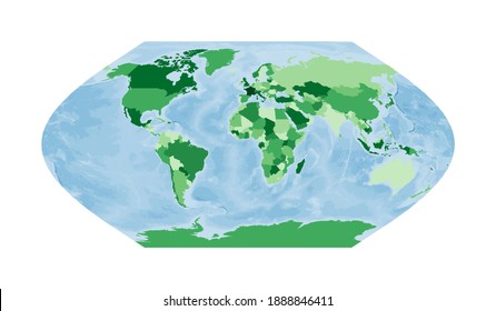 World Map. Eckert V projection. World in green colors with blue ocean. Vector illustration.