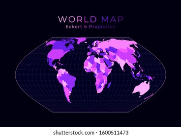 World Map. Eckert VI projection. Digital world illustration. Bright pink neon colors on dark background. Awesome vector illustration.