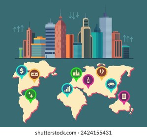 World map with economic pinpoints on it vector illustration. Currency and production icons. Big city on background with increasing and decreasing arrow graphs. Global economy, global currency concept 