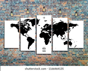 world map with Edison lamps on a brick wall background in loft style design. stock vector illustration eps10