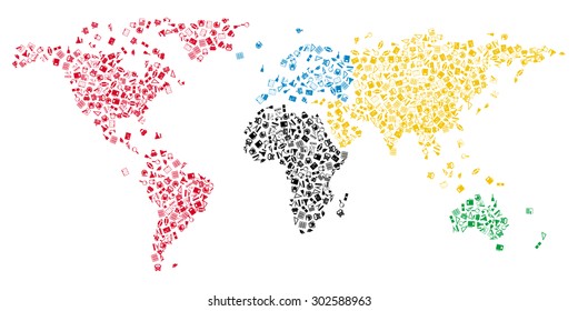 World map with education icons in contours of continents.