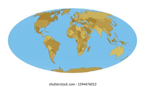 World Map. Equal-area, pseudocylindrical Mollweide projection. Map of the world with meridians on blue background. Vector illustration.